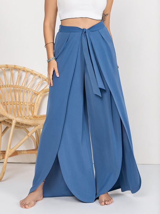 Flowy Tied Slit Wide Leg Pants