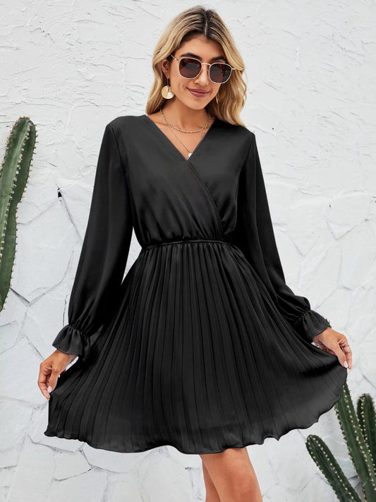 Flounce Sleeve Pleated Mini Dress